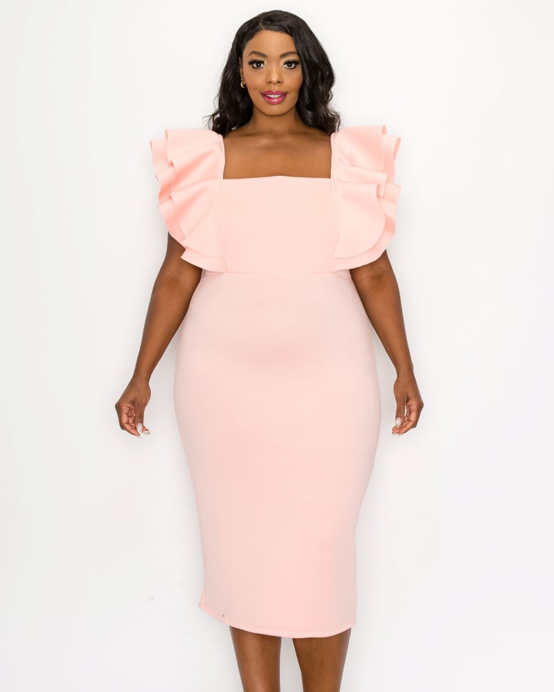 Front of a model wearing a size 2X Charlie Flutter Sleeve Dress in Pink by L I V D. | dia_product_style_image_id:267223